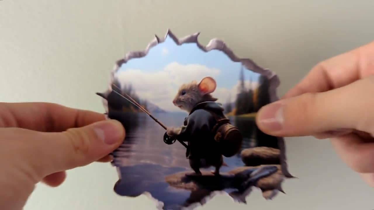 Fisherman Mouse In Mouse Hole 3D Wall Decal - Peel And Stick Nursery Wall Sticker