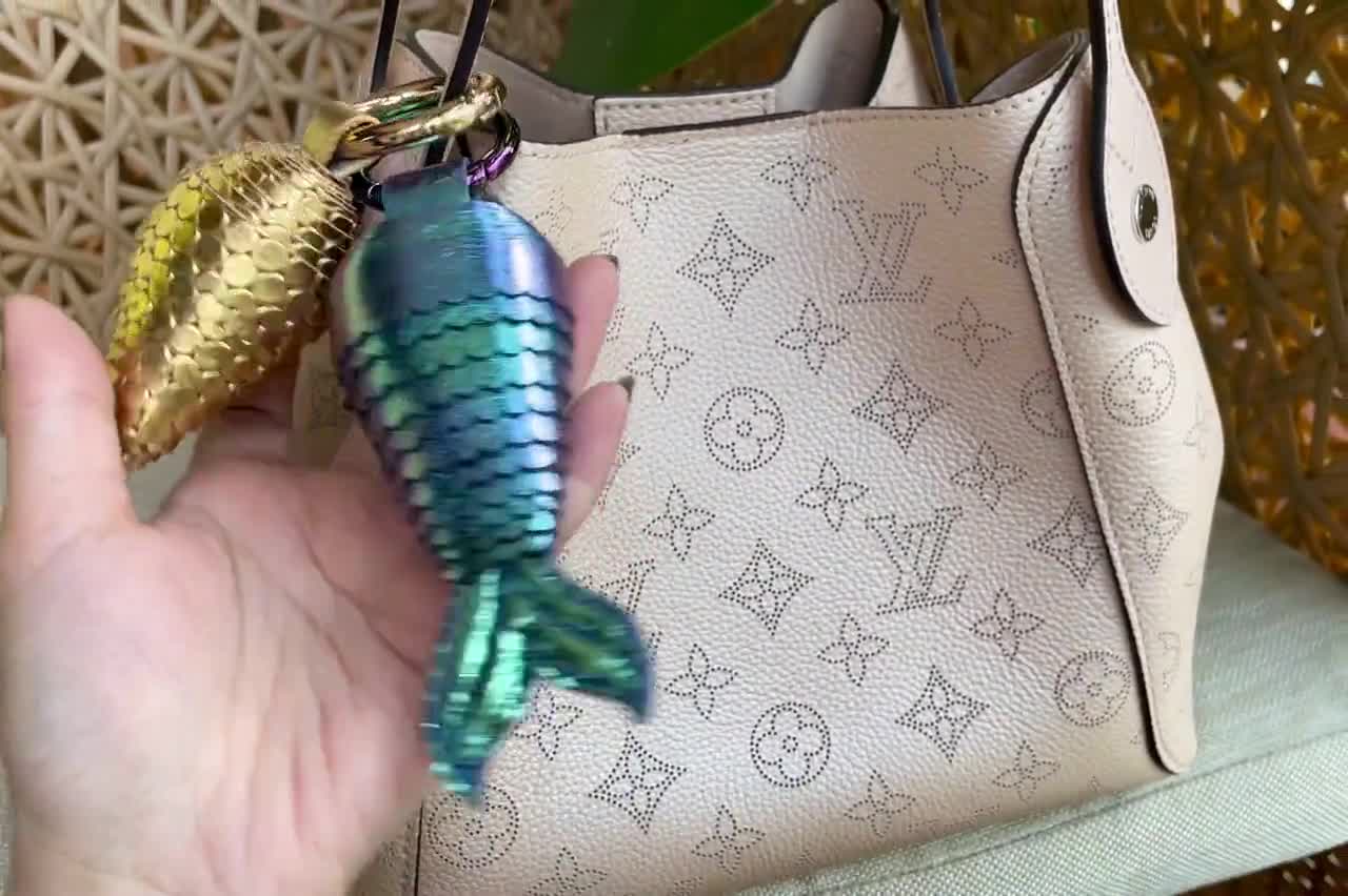 Iridescent Mermaid Tail Leather Bag Charm Gold Fish Charm 