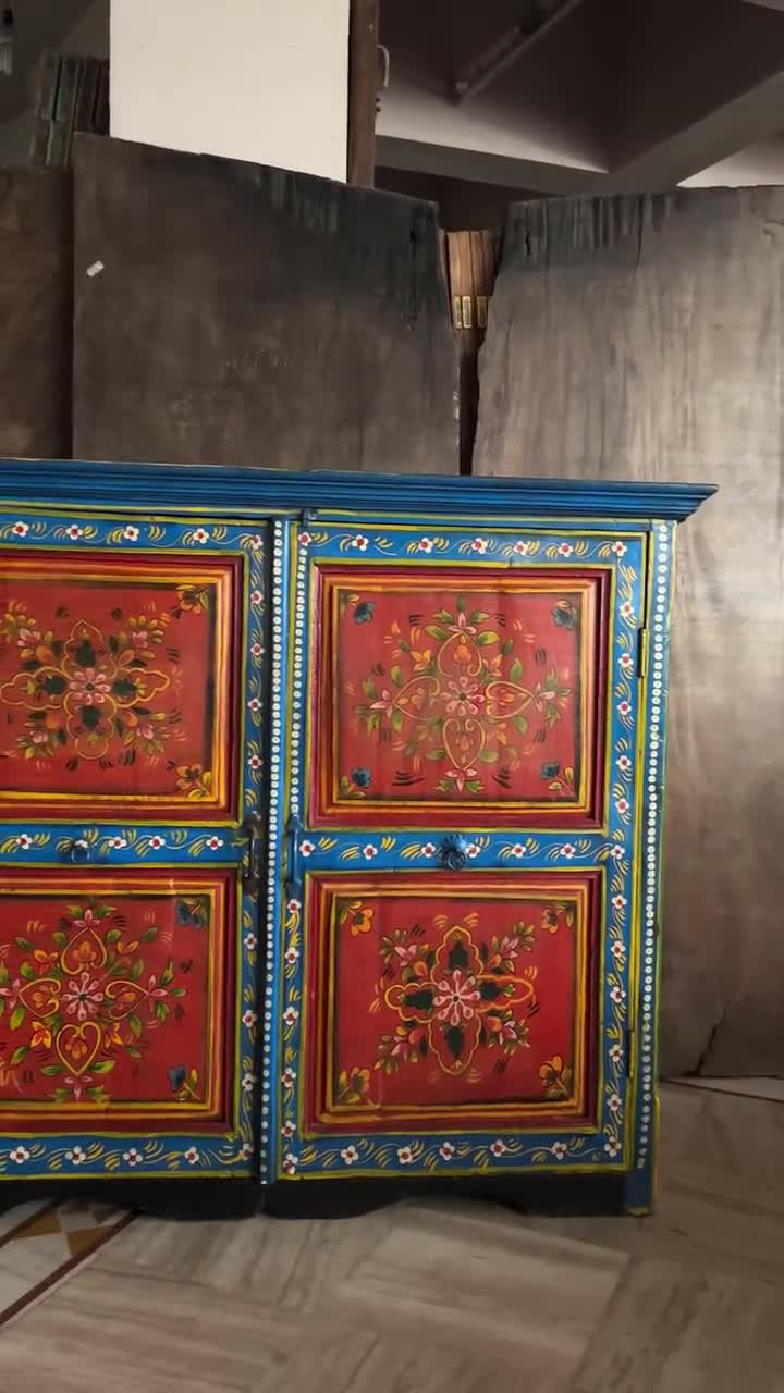 Vintage Hand-Painted Teak Cabinet: Indian Floral Cupboard, image size:720x1280