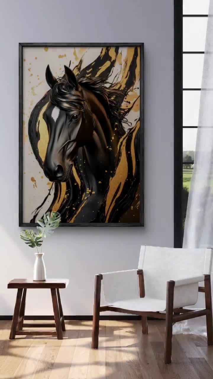 黄金の馬の頭のアートプリント：黒と金の乗馬装飾（デジタル