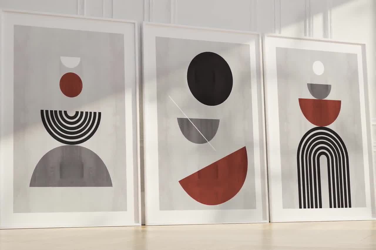 Set of 3 GEOMETRIC Grey Black and Terracotta Brown Art