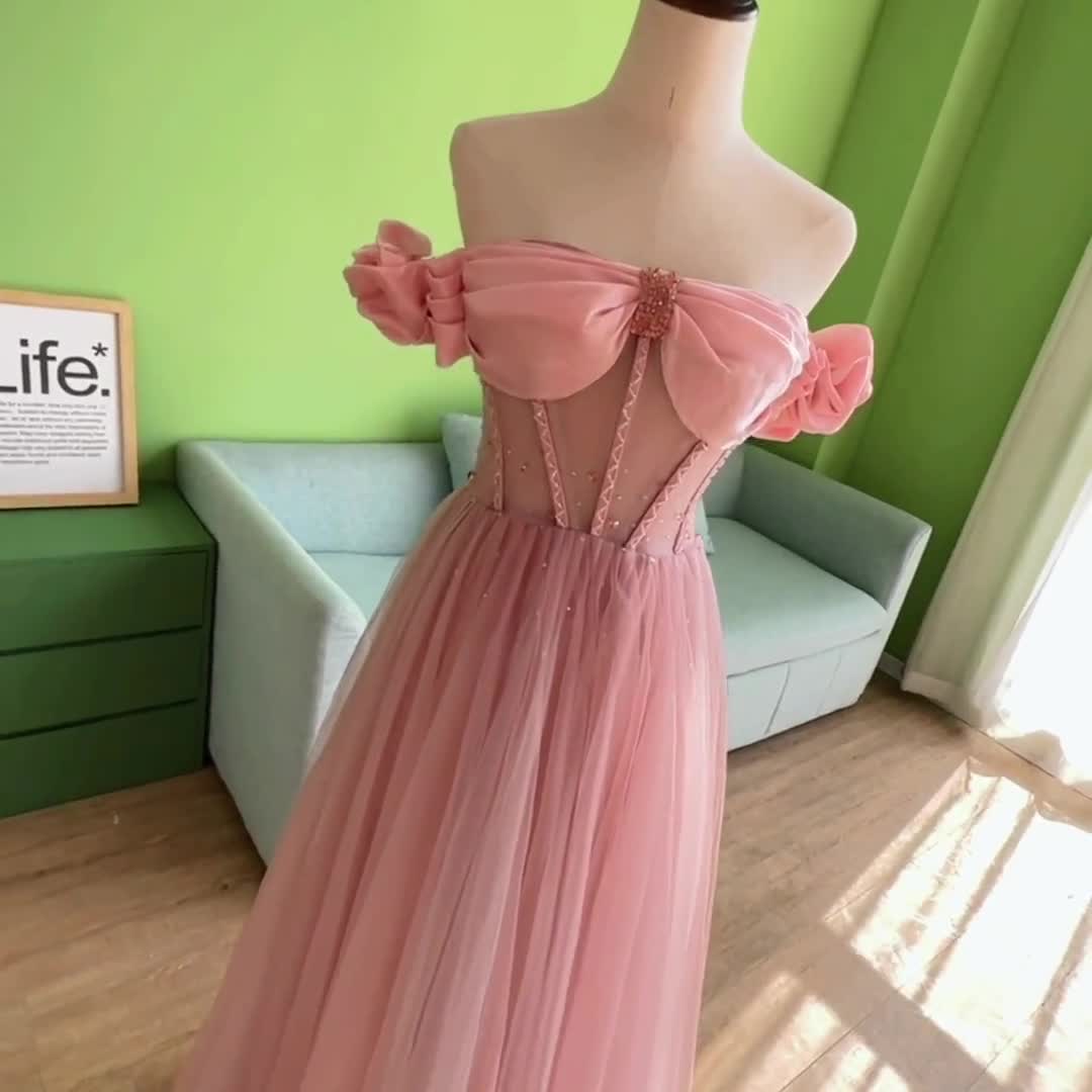 Pink Satin Fairy Off-the-Shoulder Prom Dress for Woman,Beading Capped  Sleeve Senior Prom/Formal Evening Party Dress,Floor-Length Prom Gown