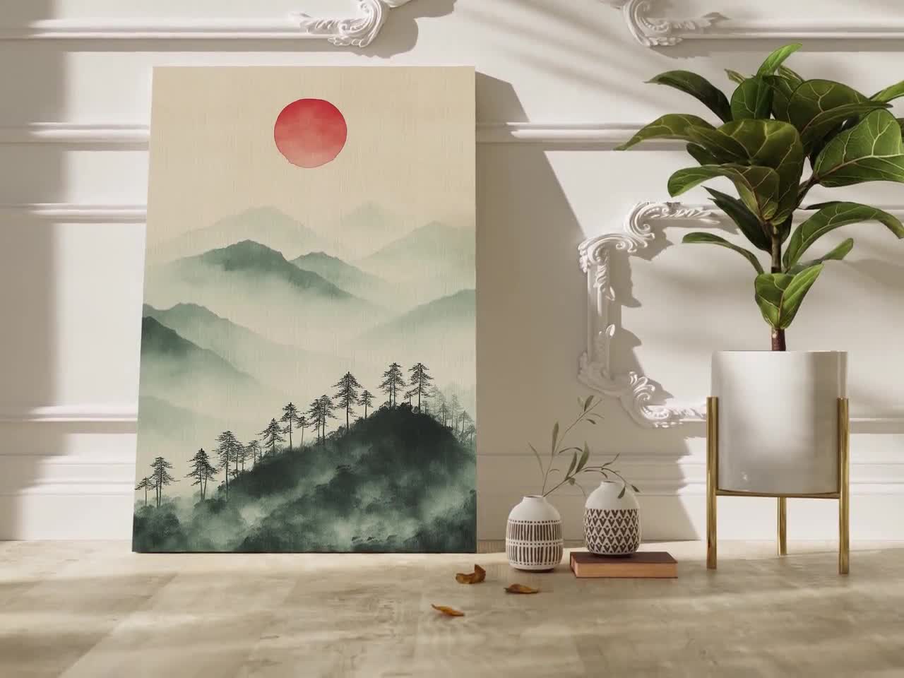 日本の墨絵山水画 - 禅の風景画ウォールアート - 赤い太陽の墨絵