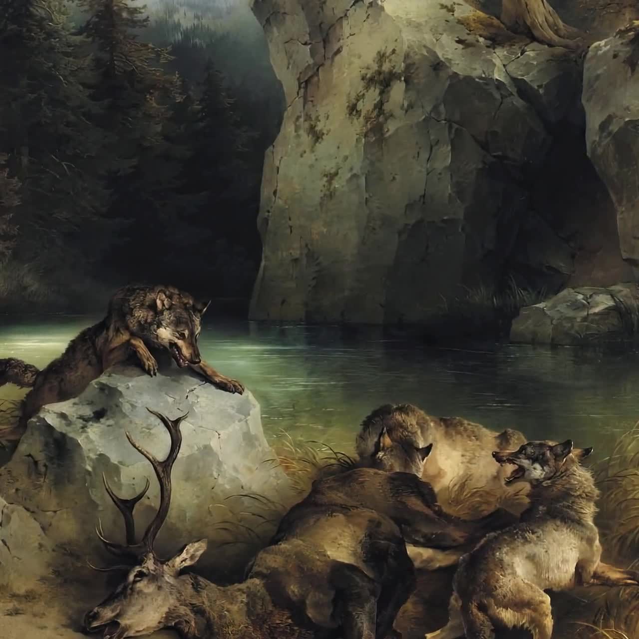 Vintage Wolf Hunting Art | Three Wolves Hunting Deer in Scenic Mountains |  Animal Themed Digital Wall Art | Unique Gift for Hunter, image size:1280x1280