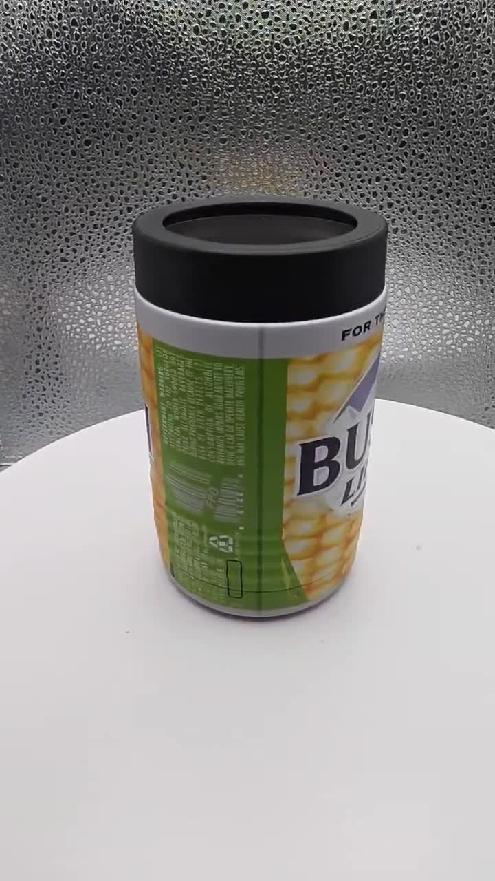 Enfriador de latas de cerveza personalizable: diseño de maíz de granjero, impresión UV, aislado Busch video poster