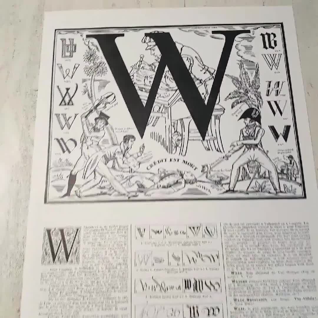 Letter W door decor 1936 Vintage Initial W. Monogram initial. Vintage  French alphabet dictionary page Calligraphy ABC. Typography history