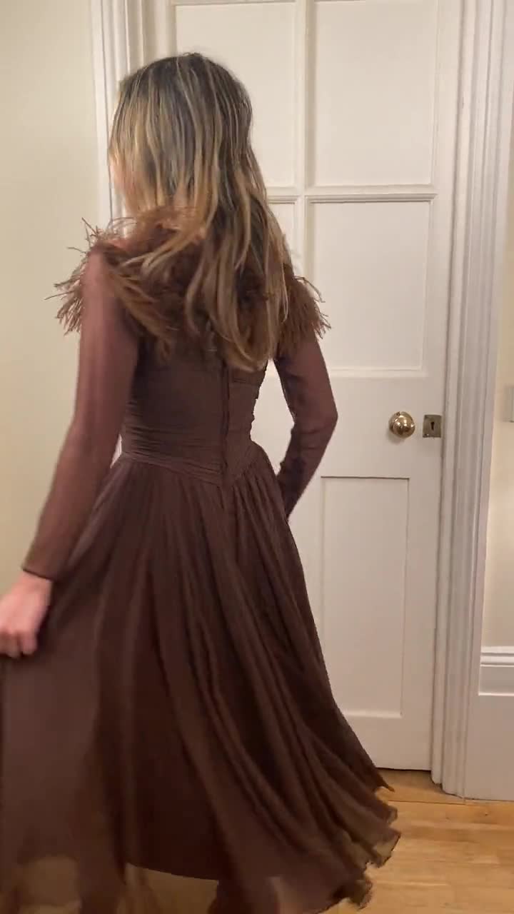 brown dress with feather trim Feather-Trim Strapless Bustier Midi Dress – CHICIDA main image 1