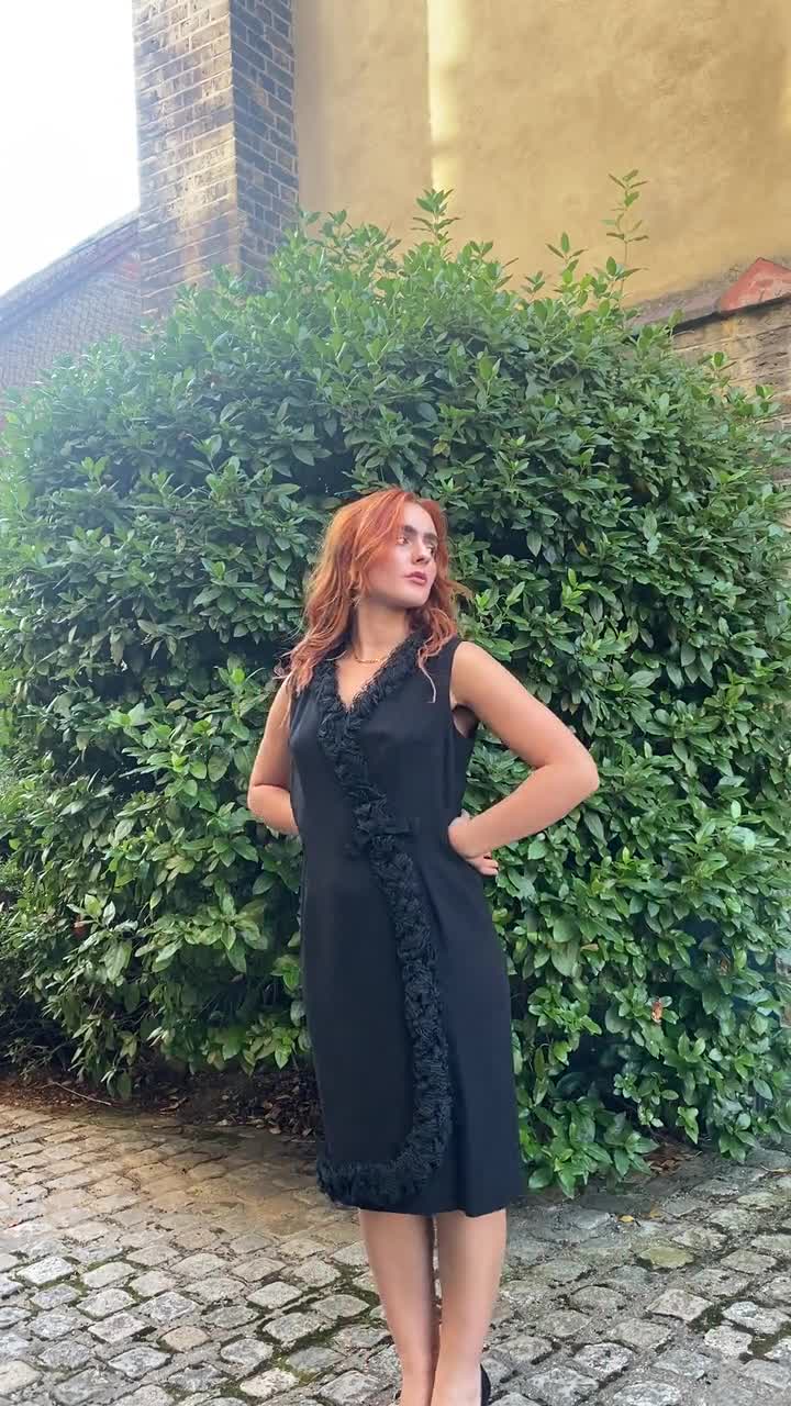1960s Black Crepe Wrap Over Lace Ruffle Hem Dress