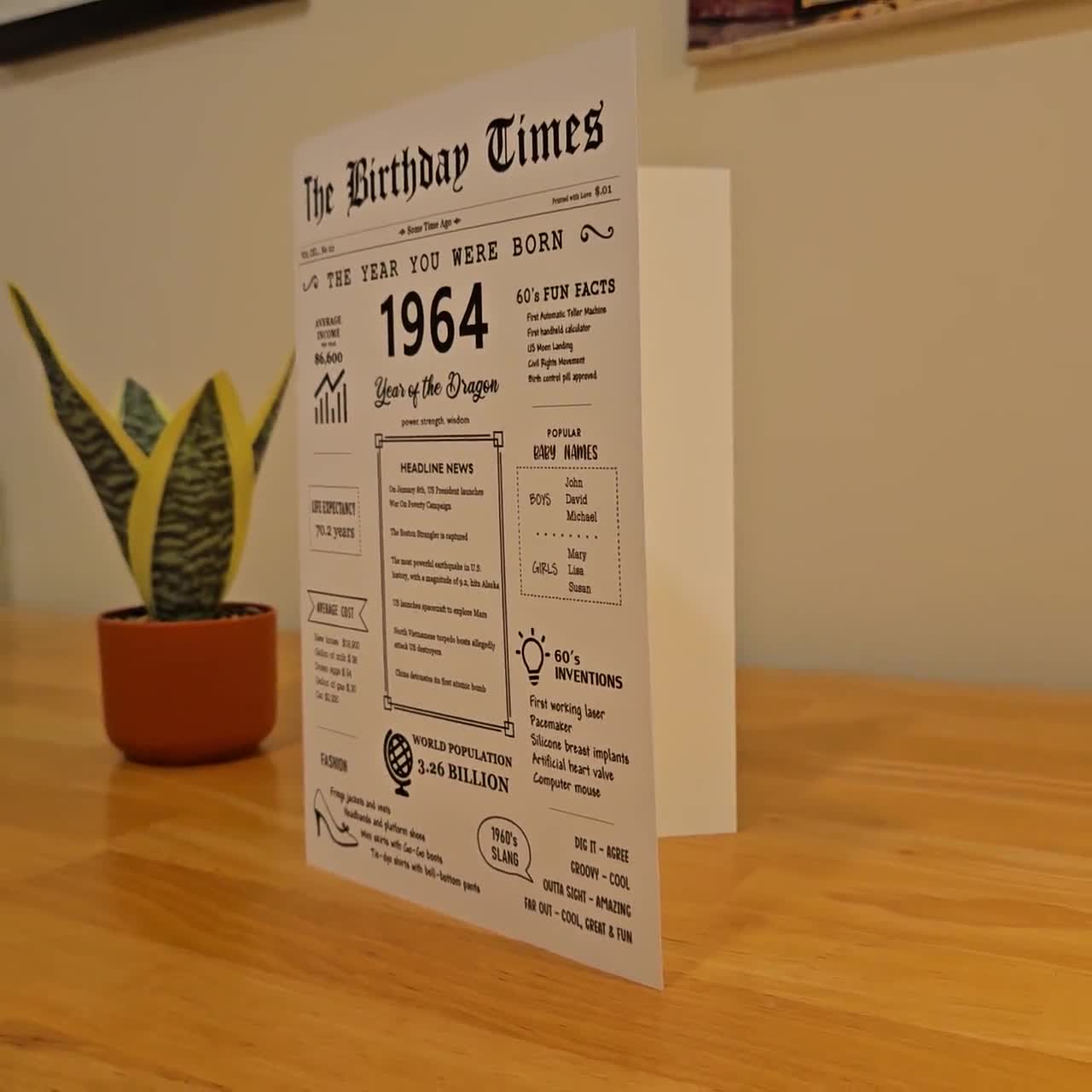62nd Birthday Card Printable: Born in 1964 Facts (instant Download