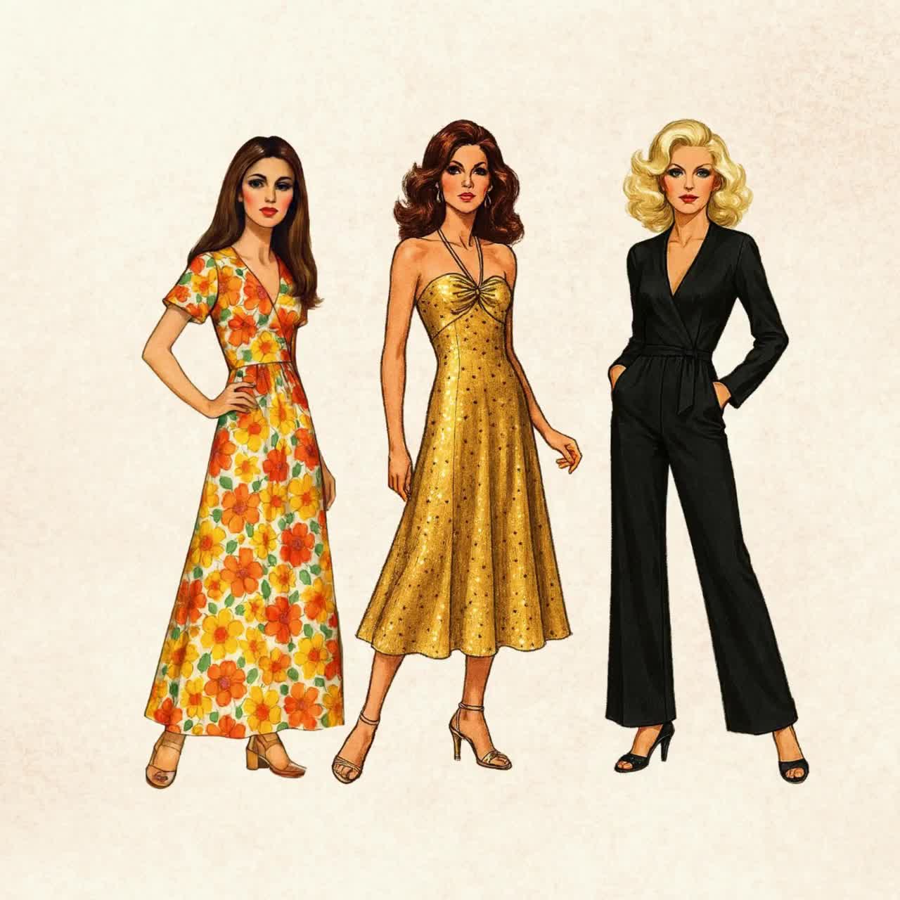 1970年代ファッションクリップアート集：レトロな女性用裁縫パターン