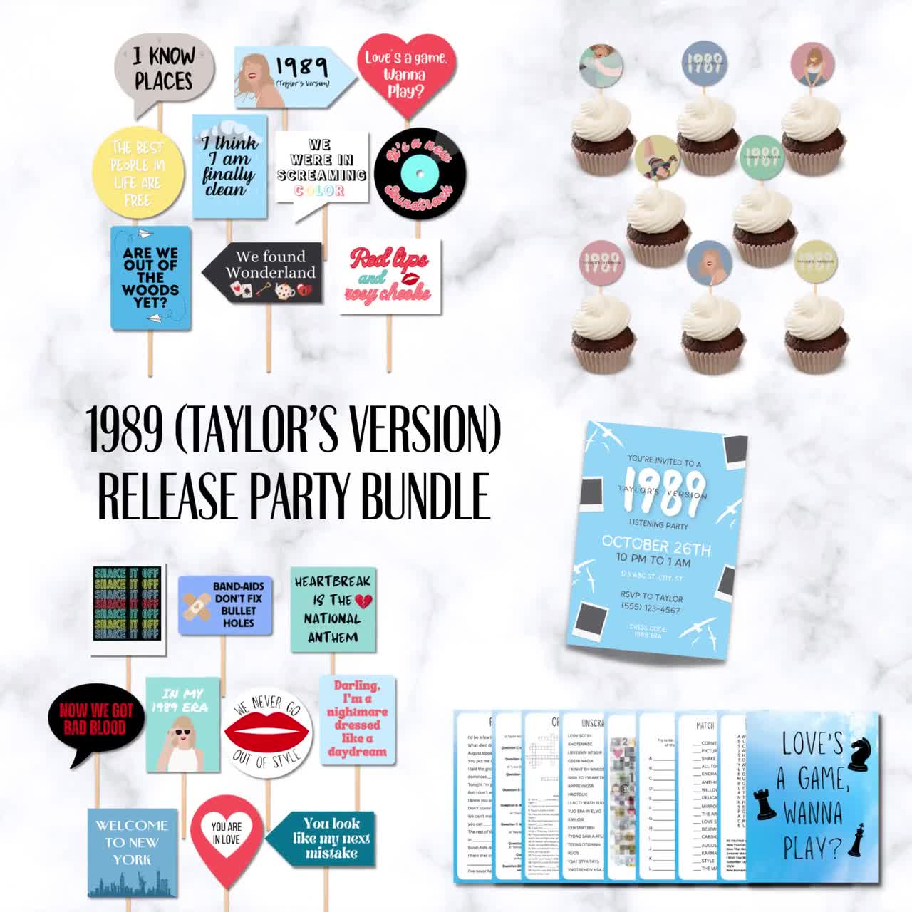 1989 taylor's Version Party Printable Bundle, Invitation, Photo Booth Props,  Cupcake Toppers, Party Games, 1989 TV Listening Party 