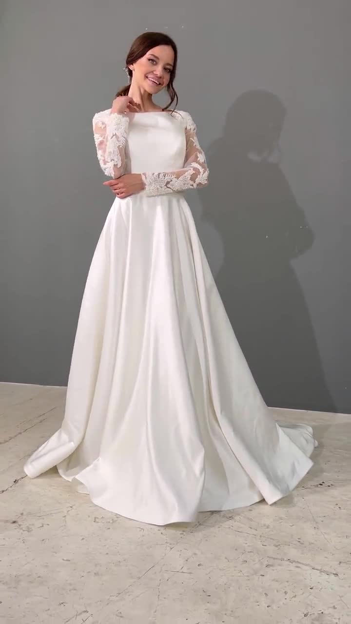 Satin Modest Wedding Dress: Long Sleeves, Cathedral Train, Winter Bridal  Gown for Church Ceremony