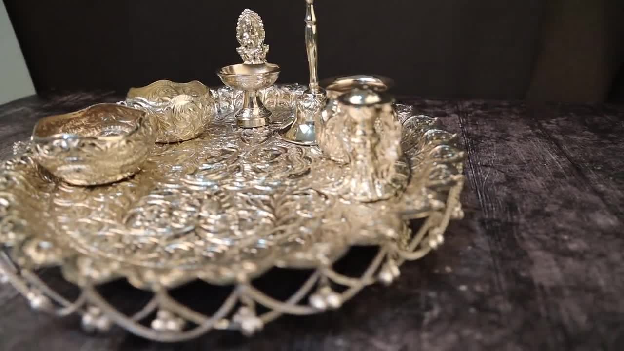 Brass Traditional German Silver Pooja Thali Set,Silver & Gold Pooja Thali,Gold  Meena Pooja Thali. at Rs 1799/piece, पीतल की पूजा थाली in Jaipur