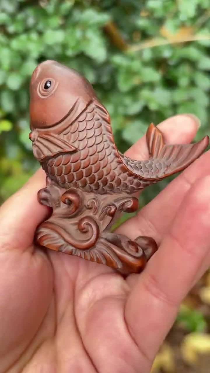 Redwood Carved Koi Fish Ornament Handmade Wooden Feng Shui