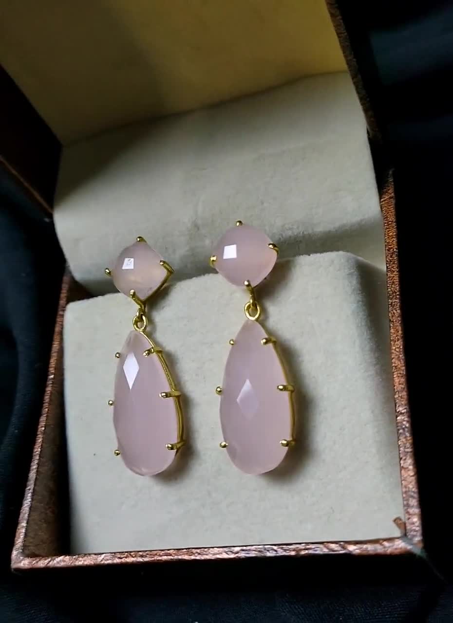 Newest Two tier pink chalcedony earring,real gemstone earring,faceted pink chalcedony earring,teardrop earring,gold circle top post,mother gift