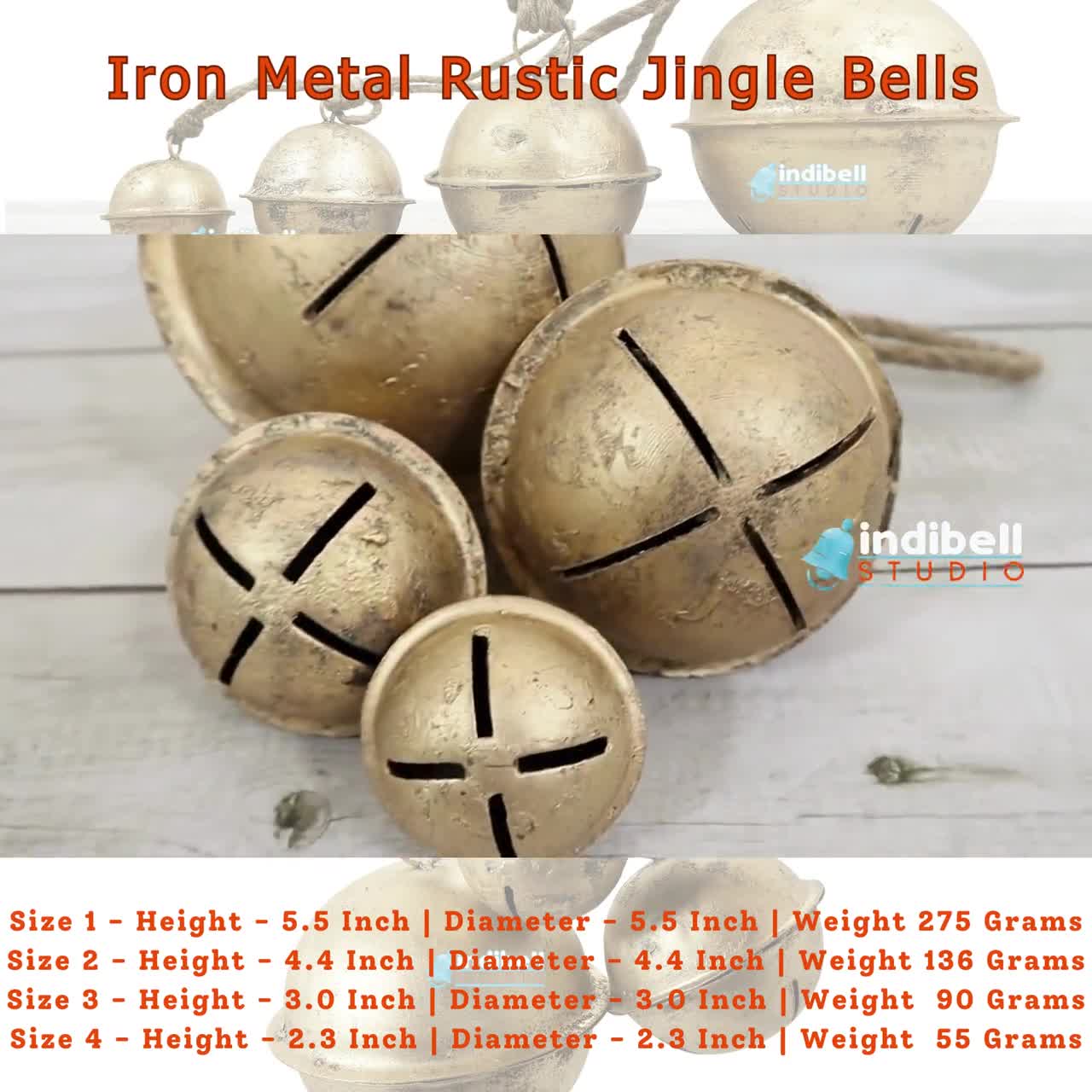 4 Large Rustic Christmas Jingle Bell, Gold Patina Finish Farmhouse