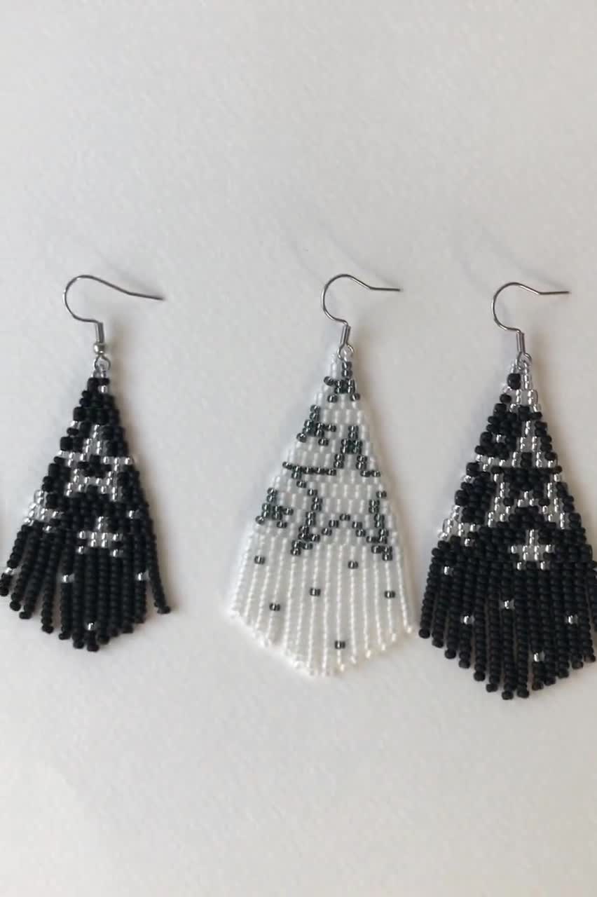 Black Silver White Stars Beaded Fringe Earrings/ Mismatched