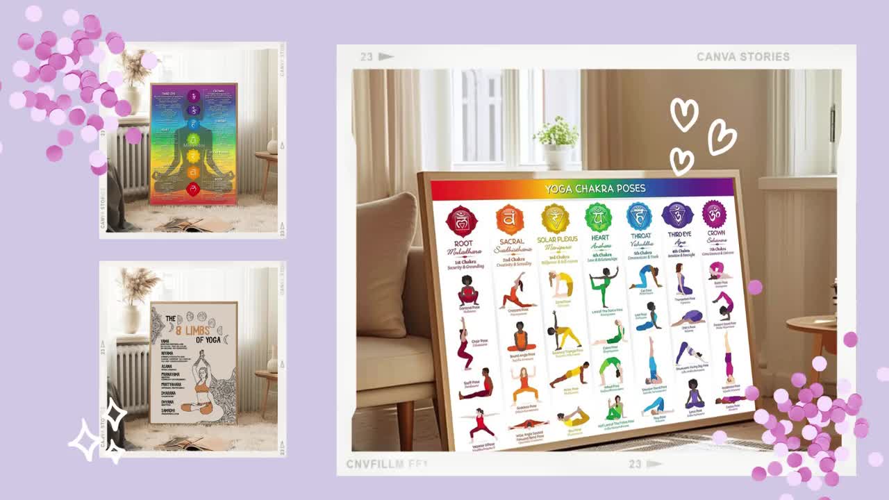 Poster di posizioni yoga SPORTAXIS - 64 asana yoga per l'allenamento di tutto il corpo - Poster laminato per l'allenamento a casa con illustrazioni colorate video poster