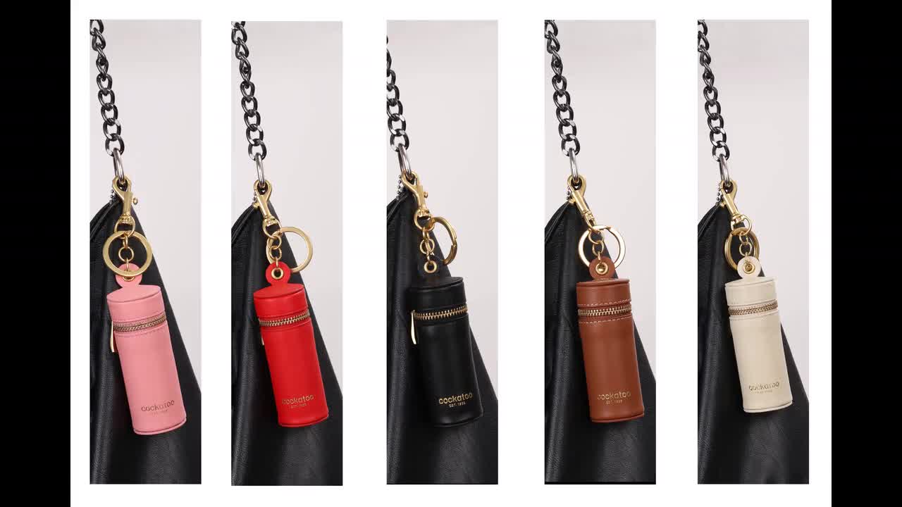 Cockatoo Nappa Leaeher Zipper Lipstick Case with Keychain Chapstick Holder  Keyring (BLACK)