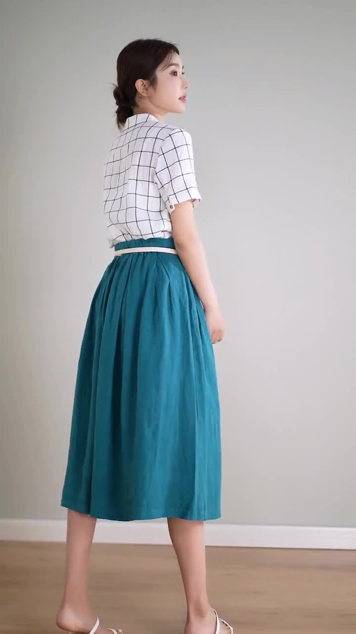 Blue Linen Skirt, Button Front Midi Skirt, Womens Linen Midi