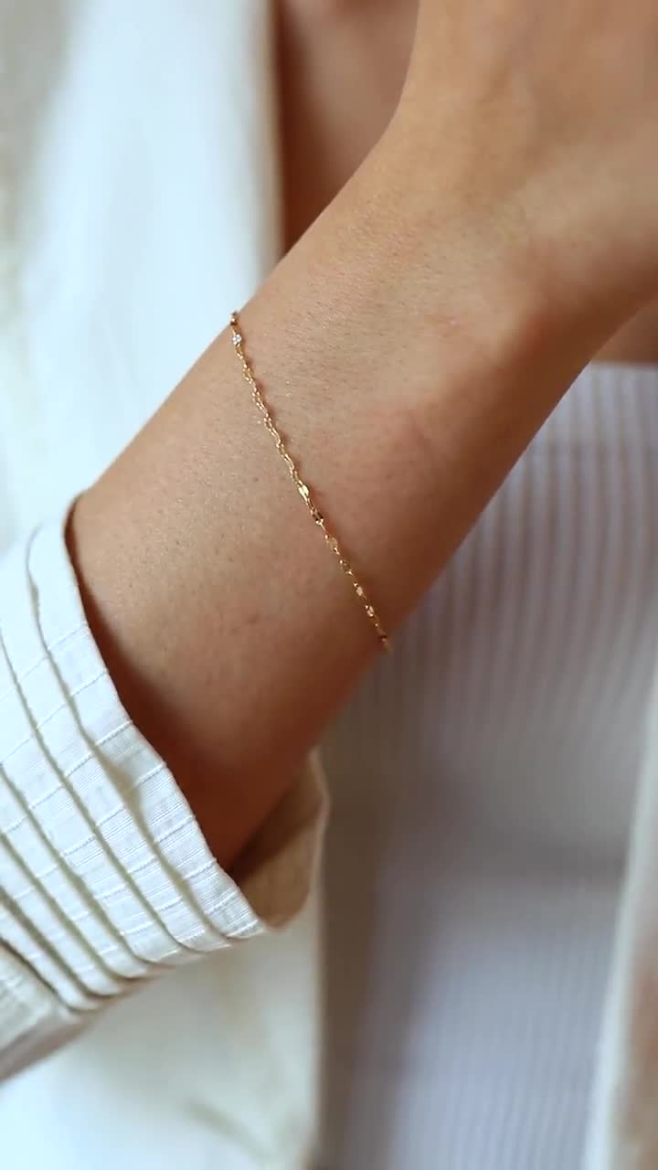 14k Solid Gold Sequin Faceted Chain Bracelet Dainty Bracelet 