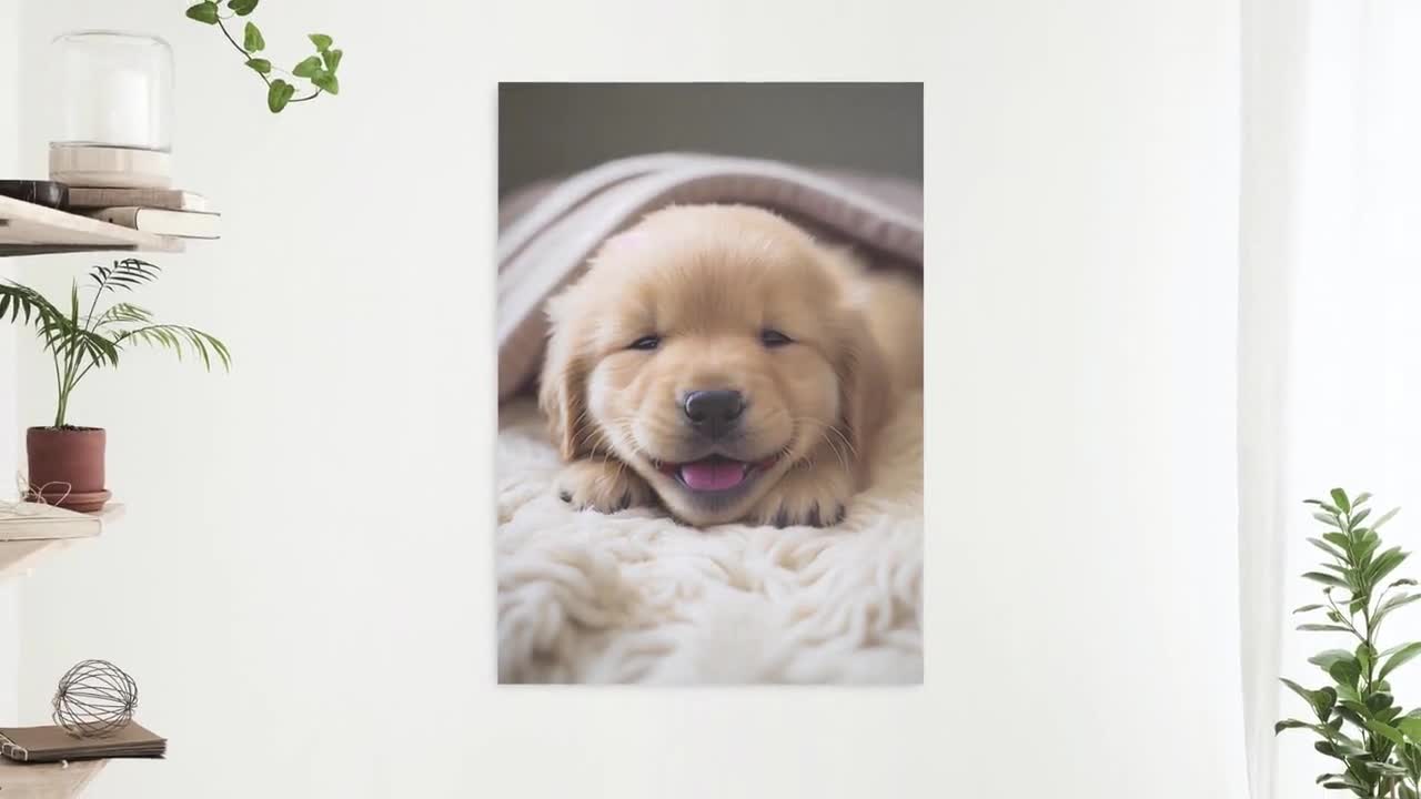Cute Puppy Golden Retriever Adorable Smiling Happy Labrador Funny Dog White  Yellow Animal Nursery Digital Print Home Decor Wall Art Gift 