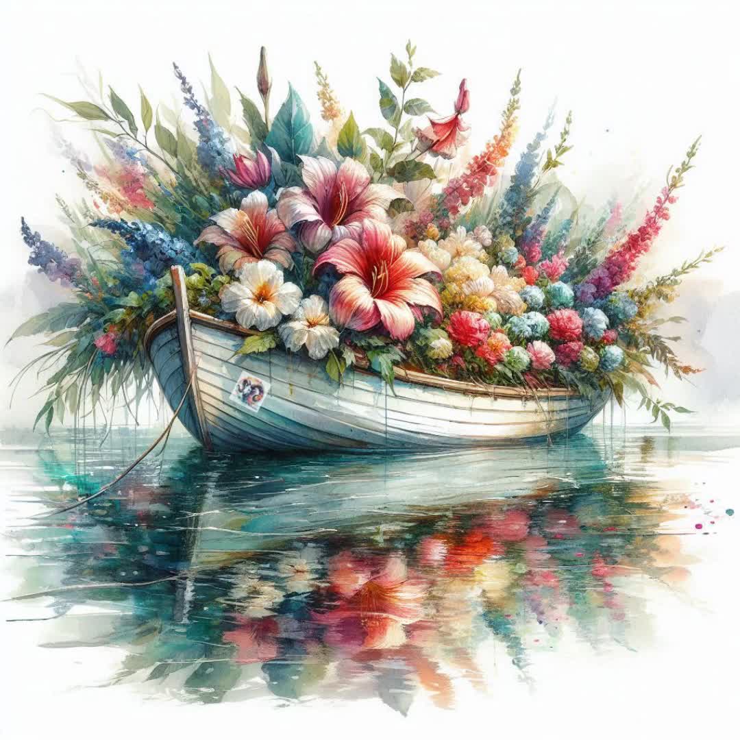 ヴィンテージボートと花の水彩画アートプリント（JPGデジタル