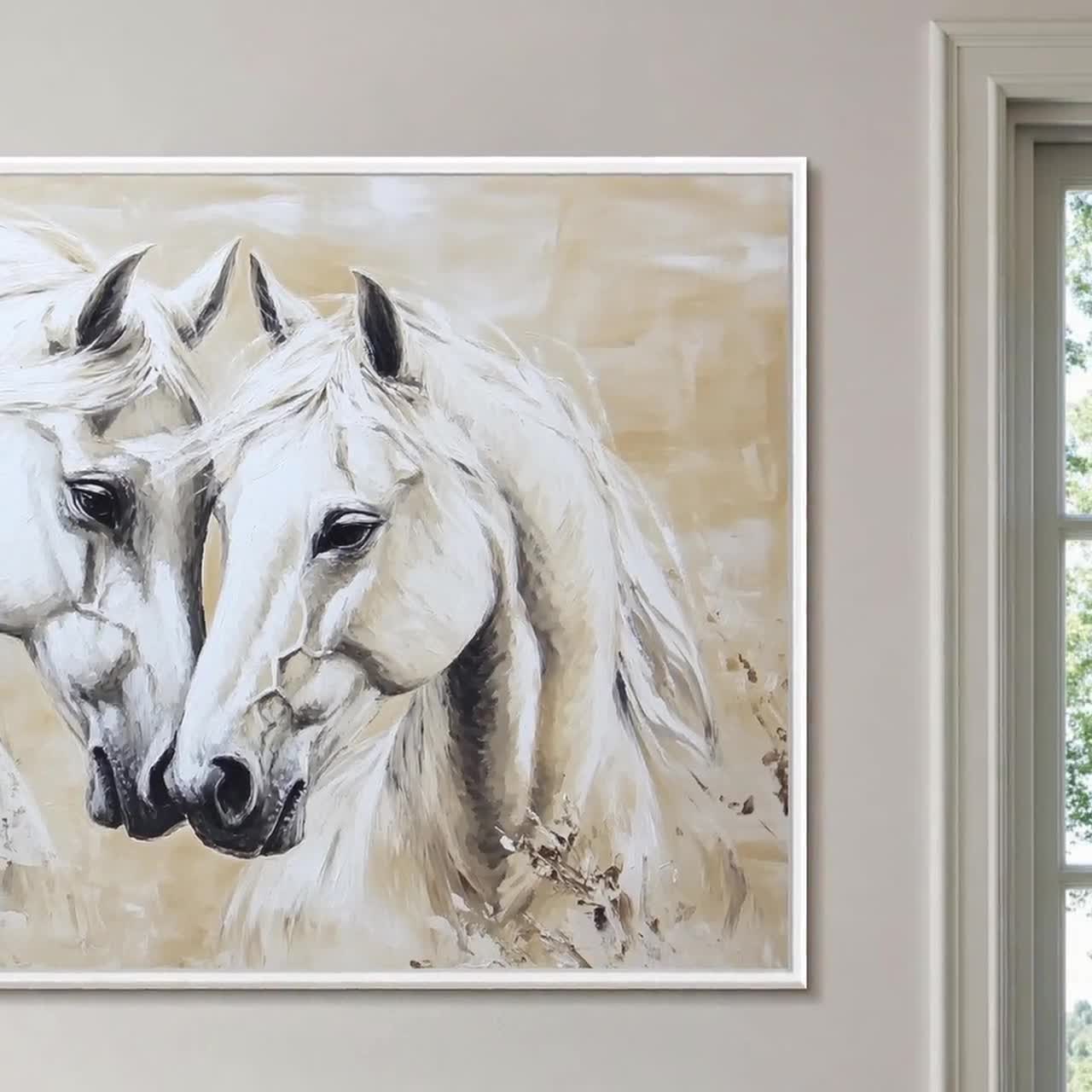 キャンバスに描かれた抽象的な白い馬の油絵、大きな壁アート