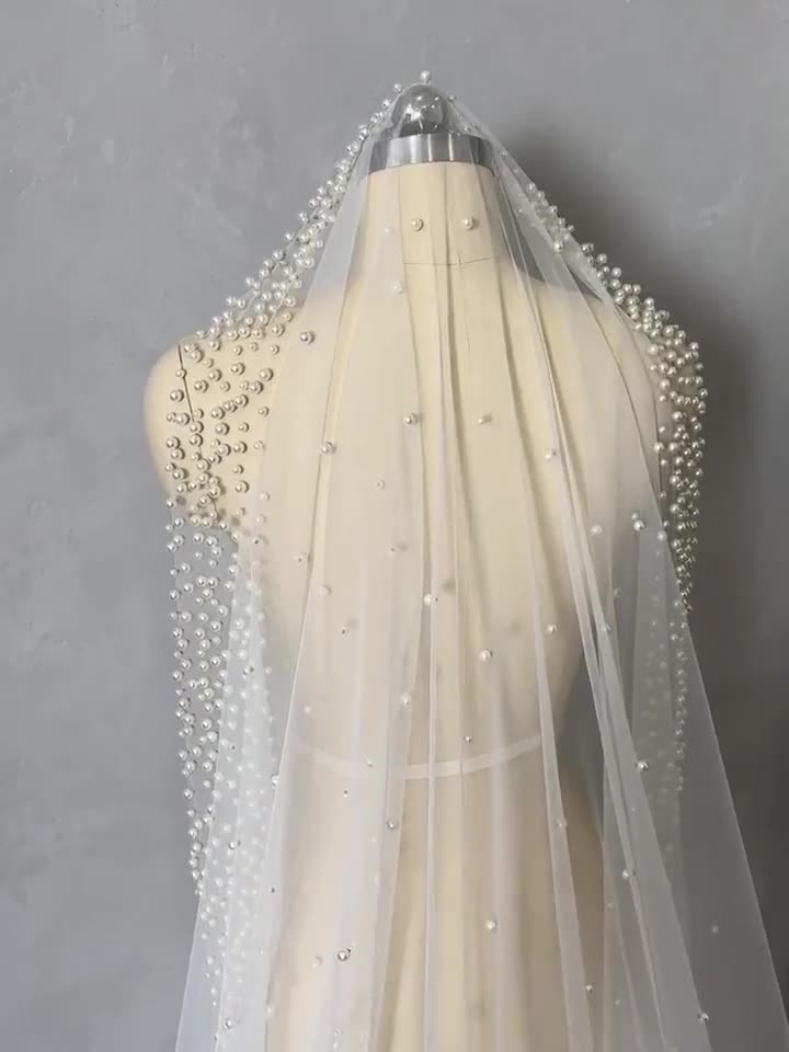 1pc Bridal Pearl Veil With 3m Long Train And Hair Comb, Elegant