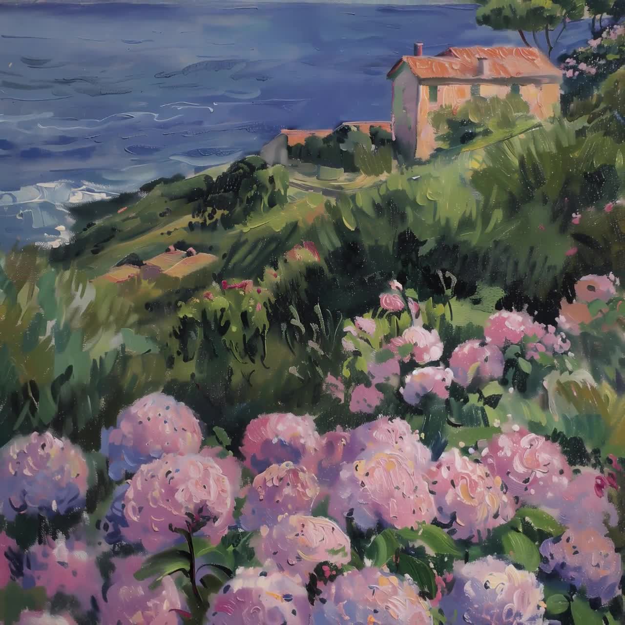 ヴィンテージのアジサイの絵画：海岸風景のアートプリント（デジタル