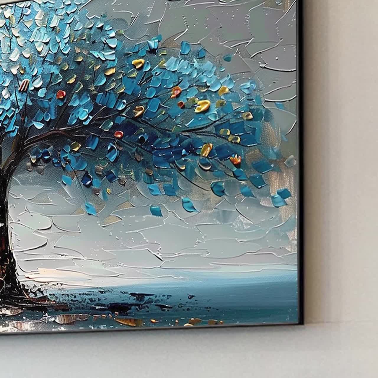 Original Blue Big Tree Oil Painting on Canvas, Large Abstract Tree