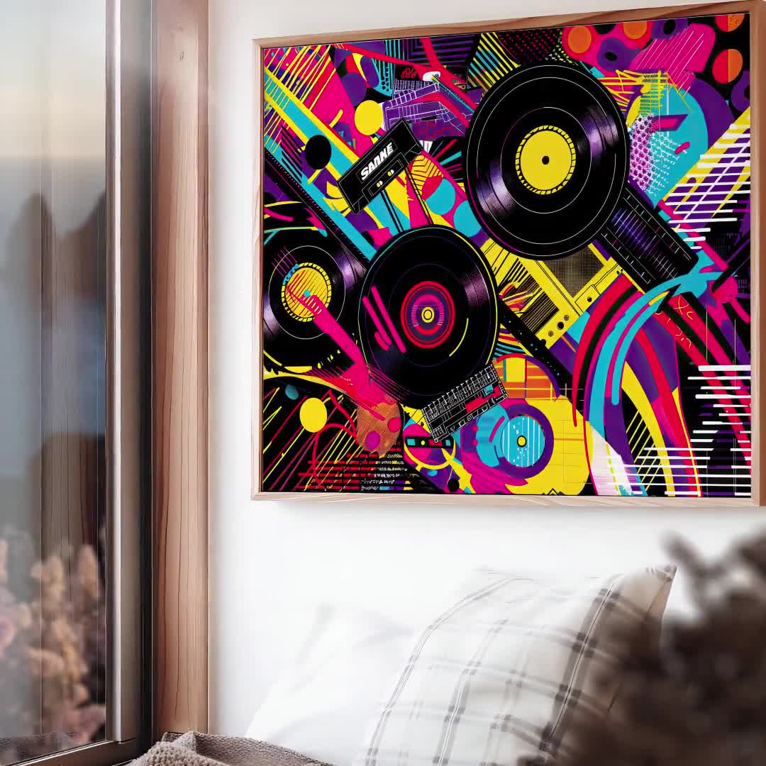 Retro 80s Music Pop Art Print: Neon Vinyl Records (digital