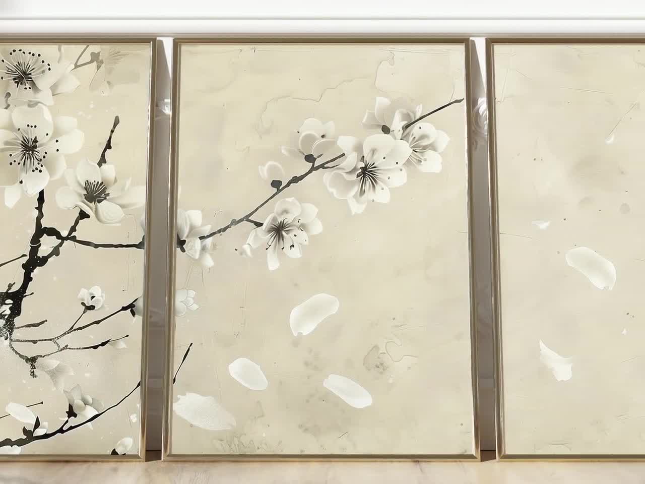 Japandi Cherry Blossom Wall Art Set, Scandi Floral Print (digital