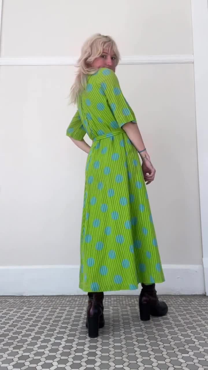 Vintage 1960s Groovy factory Green Polka Dot Dress