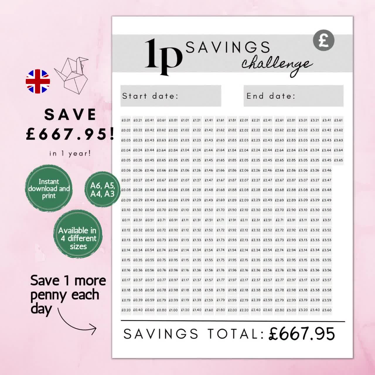 1p Savings Challenge Printable A4 Money Savings Challenge, 46% OFF