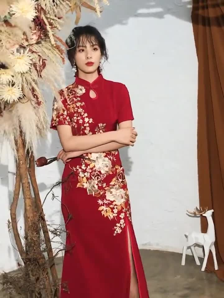 Wedding Qipao Dress Bride Cheongsam 2022 New Temperament Summer Wine Red  Wedding Dress Slim Embroidered Long Style Chinese Dress -  Ireland