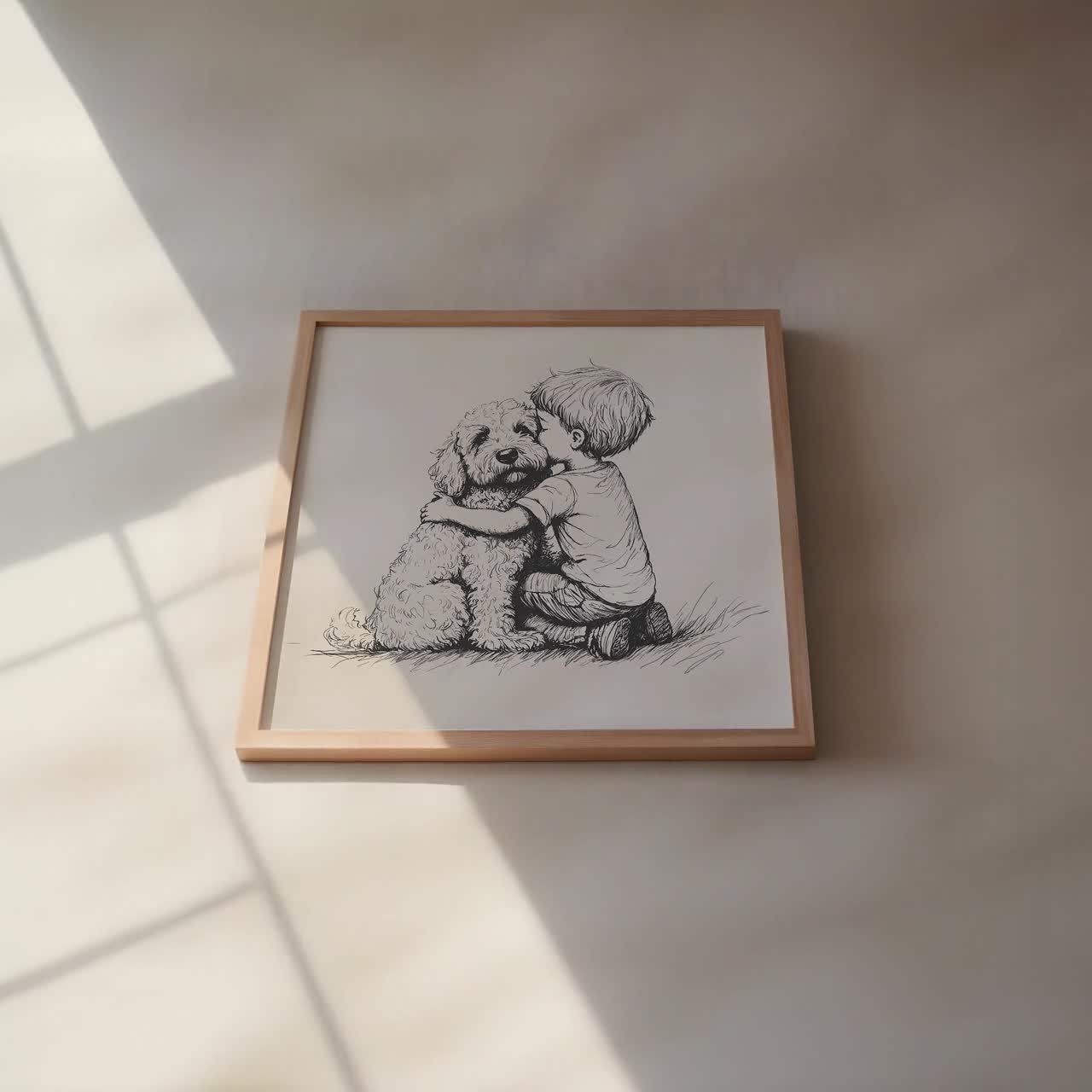 Impresión de un niño y un goldendoodle, arte vintage de perro, pintura antigua vintage, decoración de pared de granja, arte de pared campestre, dibujo de perro, arte de pared de perro video poster