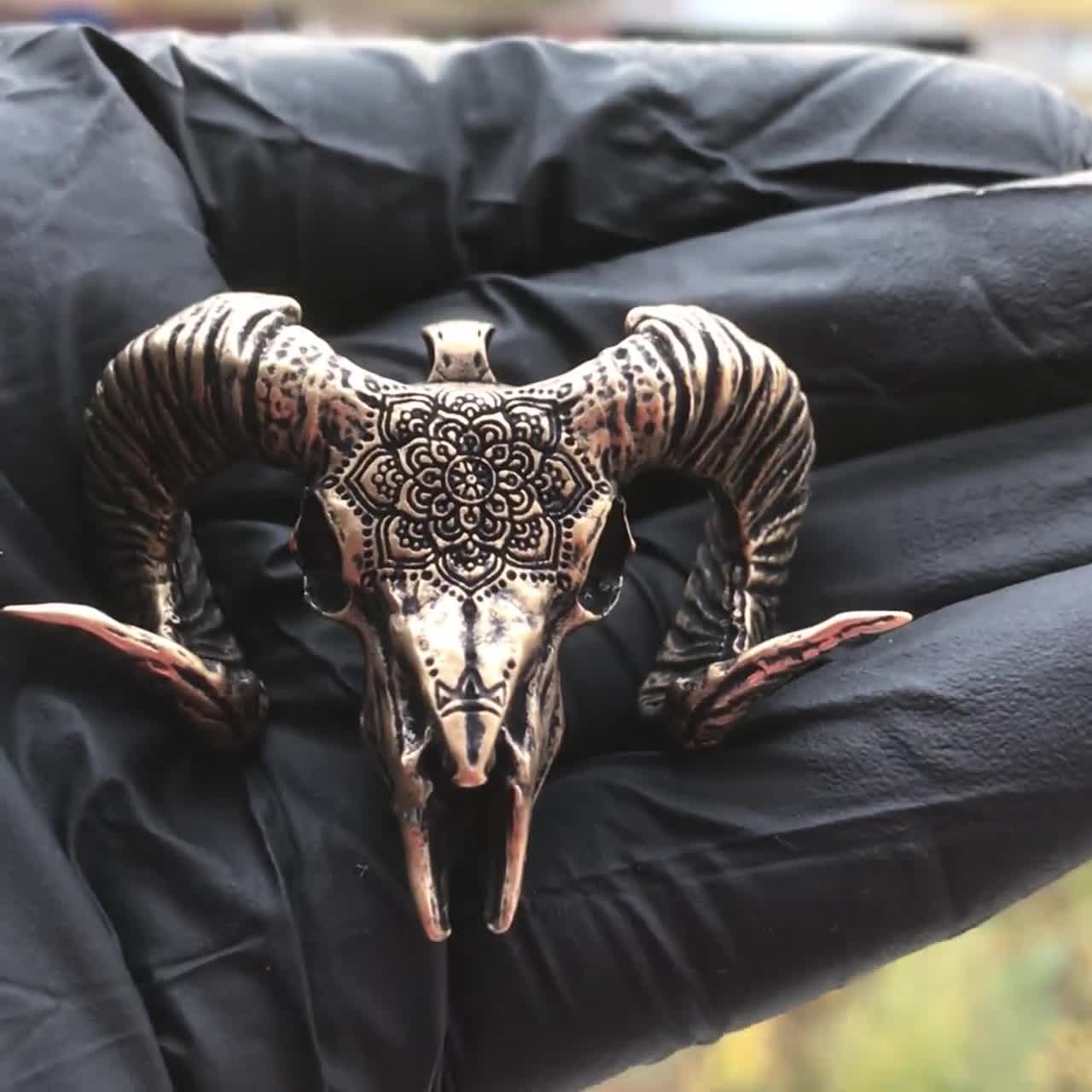 Brass Ram Skull Pendant: Gothic Aries Necklace, Handmade in