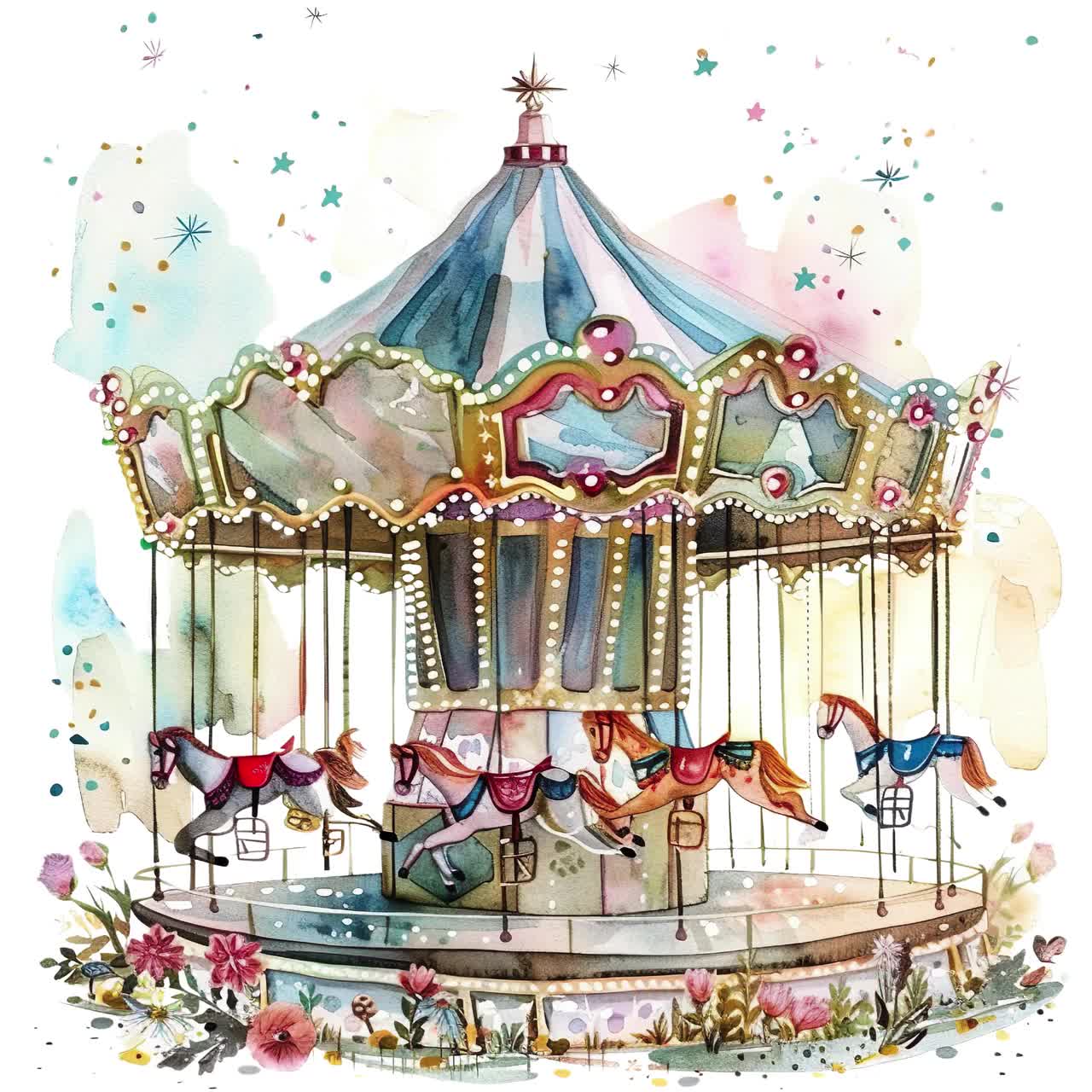 水彩メリーゴーランドのクリップアート：気まぐれなメリーゴーランド