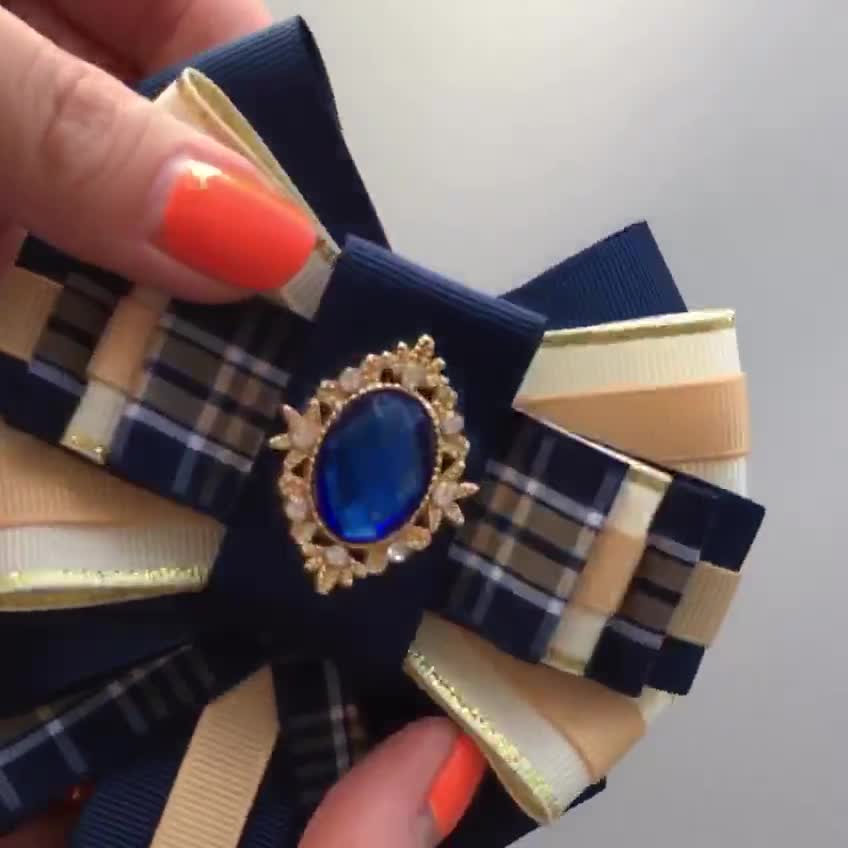 Navy Bow Brooch Tie for Women. Gift for Her. Handmade Women Bow