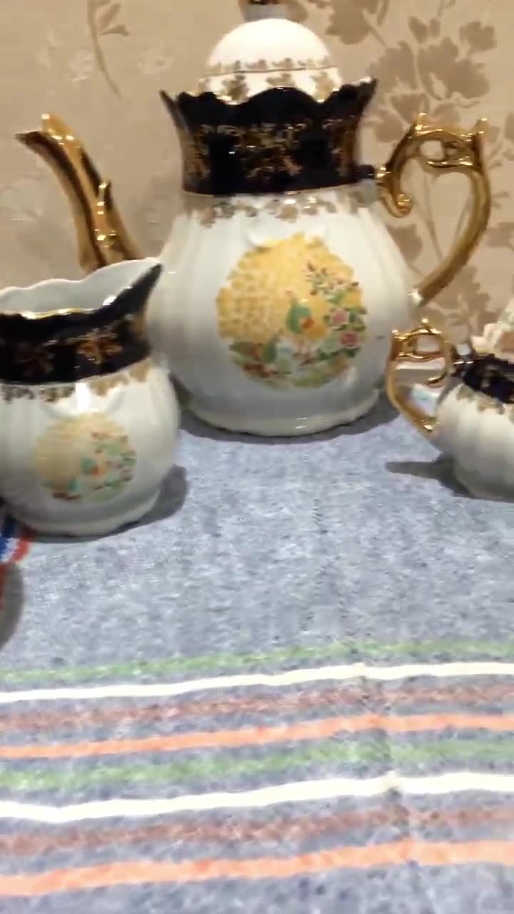 Vintage Haas & Czjzek Tea Set: Bohemian Cobalt Porcelain With 24k