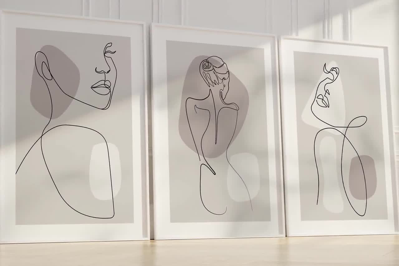 Abstract Female Line Art Print Set of 3, Beige Minimalist Framed Wall Decor video poster