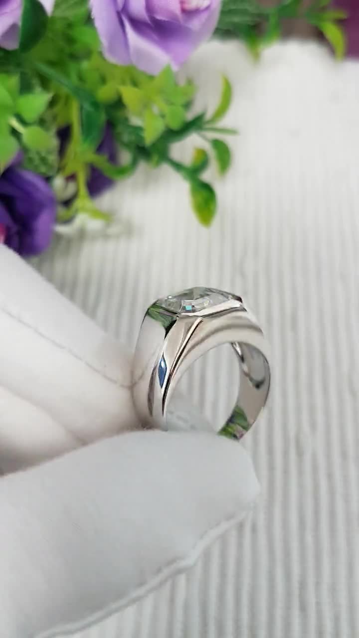 Mens Ring, Silver Ring Mens Signet Ring, Asscher Cut CZ