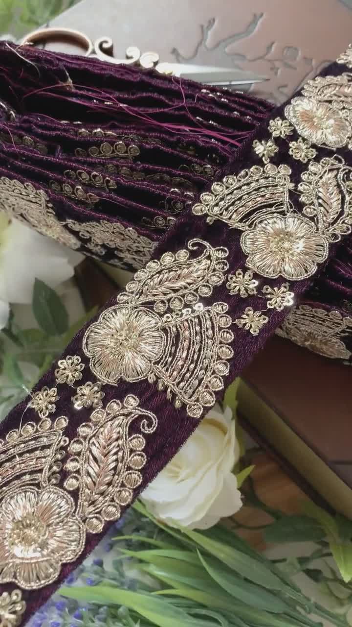 3 Inch Velvet Embroidered Lace Golden Siqunce Lace Border Zari Lace Velvet  Lace for Saree Lehenga Dress 9 Meter (Wine)