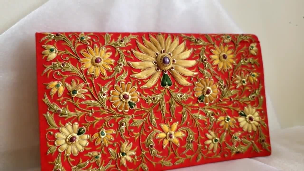 Black velvet evening clutch bag hand embroidered with red daisies, zardozi  purse, OOAK statement clutch, Valentines Day gift for her