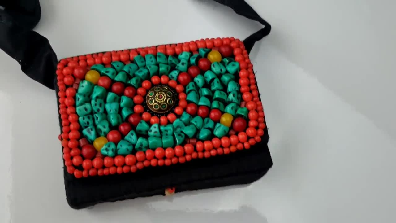Mini sac en tissu tibétain avec cordon de serrage 