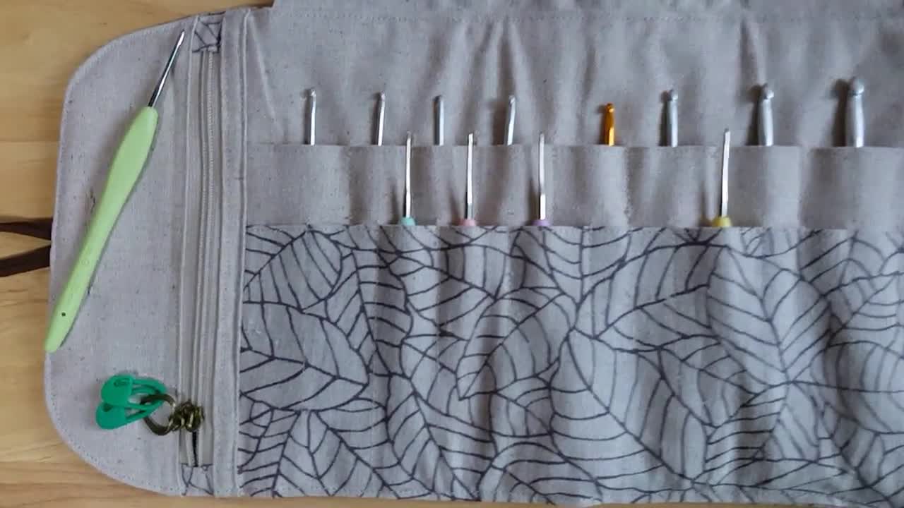 Crochet hook rollup in natural linen with a notion pocket
