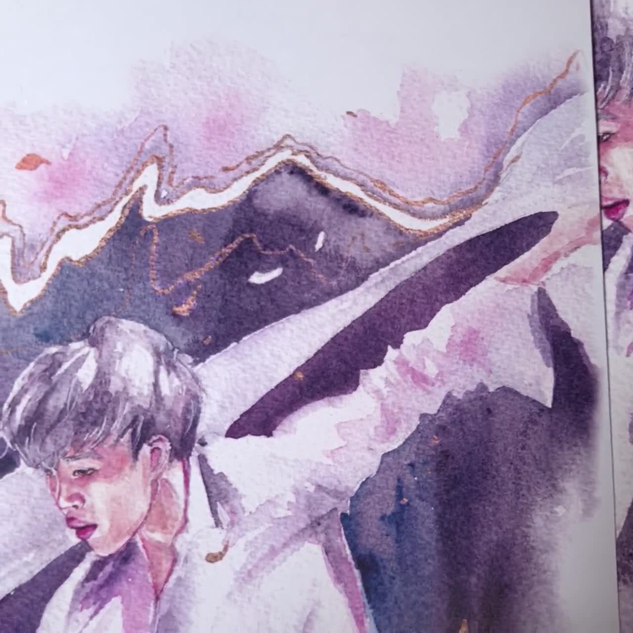 BTS Jimin watercolor painting, Black Swan, original fan art, k-pop