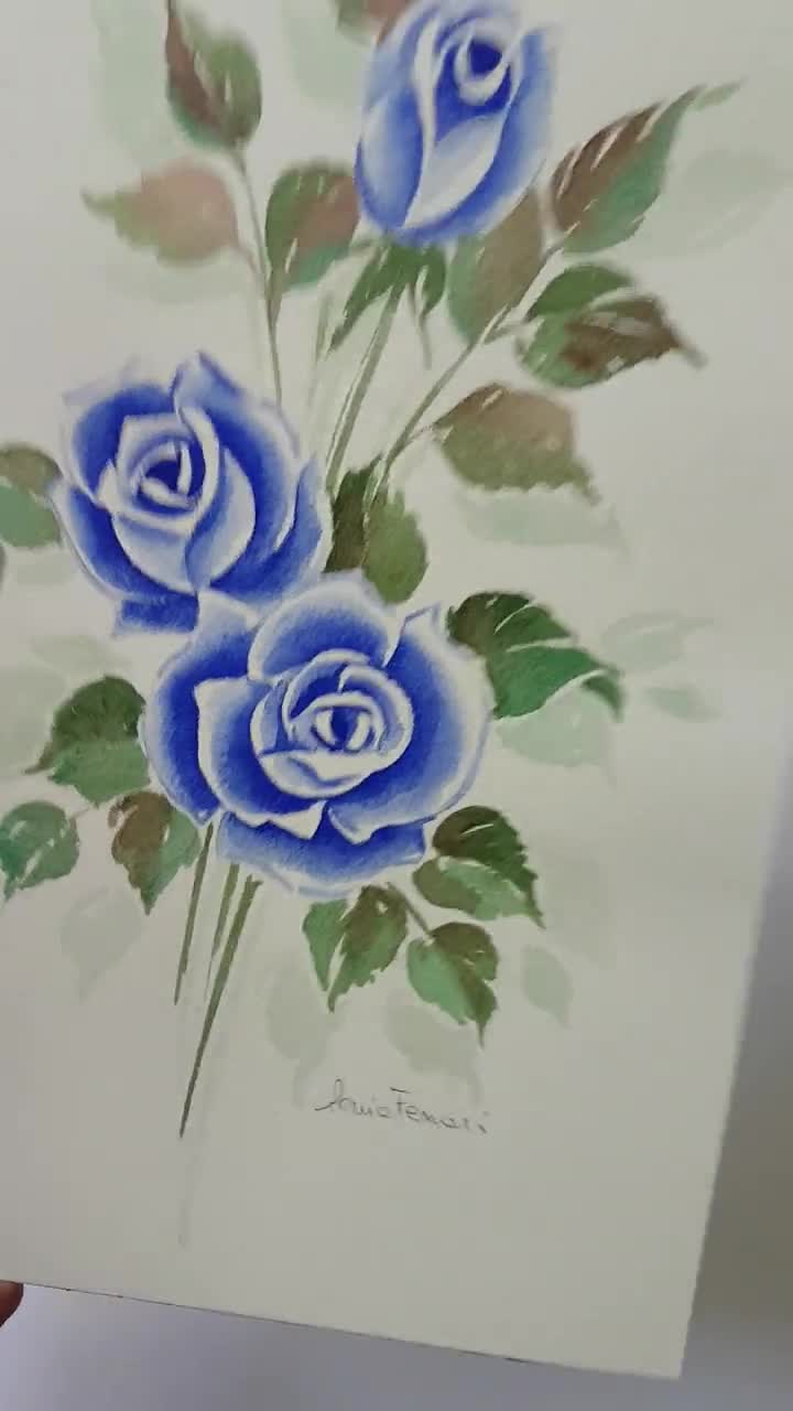 Original Hand Painted Watercolor Rose Set, Watercolor Blue Flowers, Hand Drawn Roses, Blue Flower Art Set, top Gift Idea, 8x10