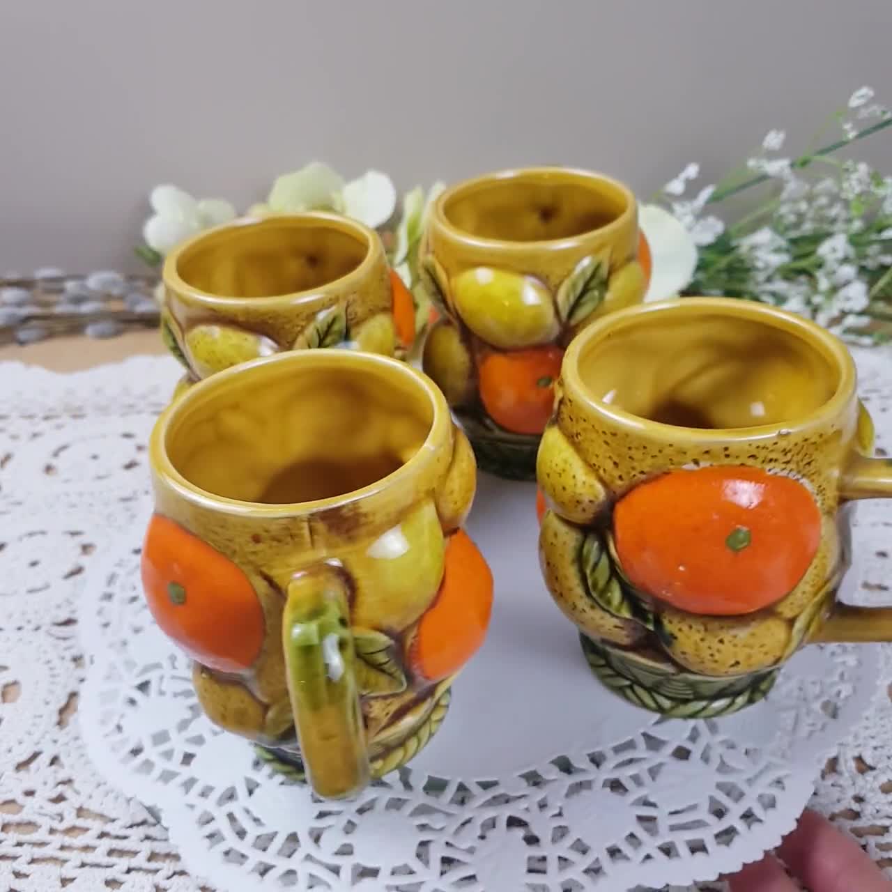 Vintage 1960s Mugs Set Yellow Orange Fruit Basket Mugs Inarco